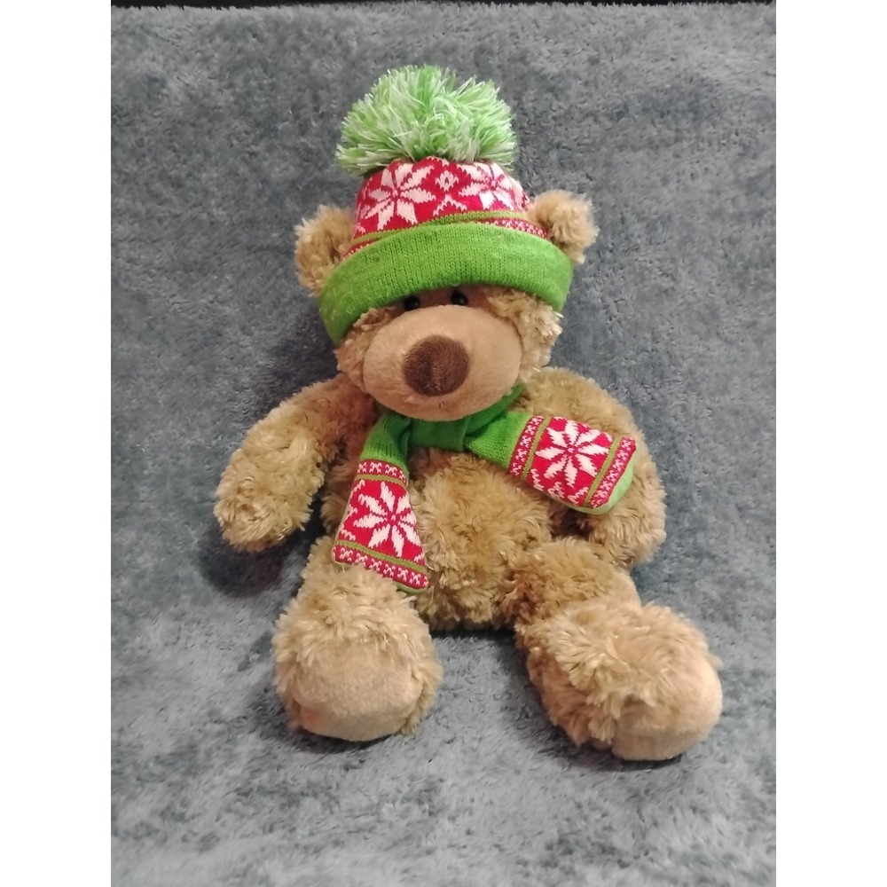 Hugfun Brown Bear W‎ Christmas Hat & Scarf Plushed Stuffed Animal 20"